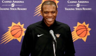 Phoenix Suns general manager James Jones speaks to the media, April 24, 2019, in Phoenix.
