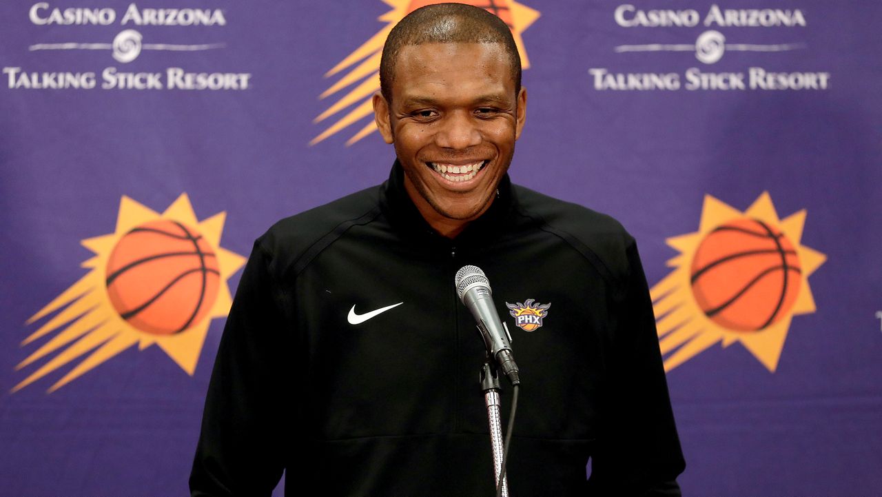 Phoenix Suns general manager James Jones speaks to the media, April 24, 2019, in Phoenix.