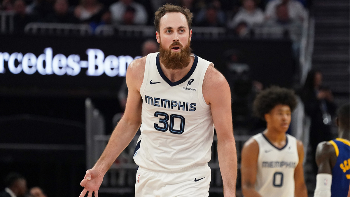 Memphis Grizzlies center Jay Huff (30) celebrates after a three pointer against the Golden State Warriors in the second quarter at Chase Center.
