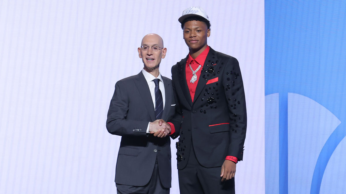 Ace Bailey stands with NBA commissioner Adam Silver after being selected as the fifth pick by the Utah Jazz in the first round of the 2025 NBA Draft at Barclays Center