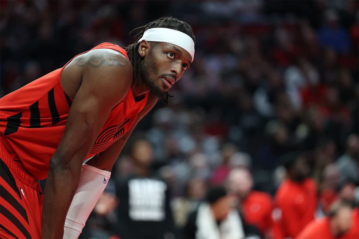 Portland Trail Blazers forward Jerami Grant (9) stares down a referee about a missed call against the Minnesota Timberwolves in the third quarter at Moda Center.