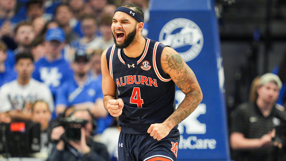 Auburn Tigers forward Johni Broome (4) reacts as the Tigers dominate against Kentucky in SEC basketball at Rupp Arena Saturday afternoon in Lexington, Kentucky March 1, 2025