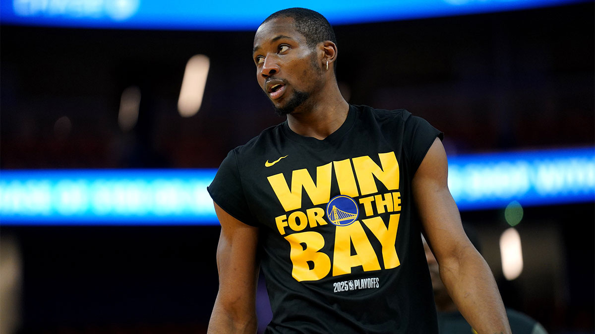Golden State Warriors forward Jonathan Kuminga (00) stands on the court during warmups against the Minnesota Timberwolves during game four of the second round for the 2025 NBA Playoffs at Chase Center.