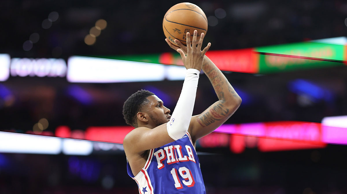 Philadelphia 76ers forward Justin Edwards (19) shoots the ball against the Toronto Raptors during the second quarter at Wells Fargo Center.