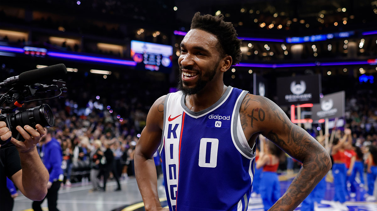 Sacramento Kings guard Malik Monk (0) is interviewed after a game against the Golden State Warriors at Golden 1 Center.