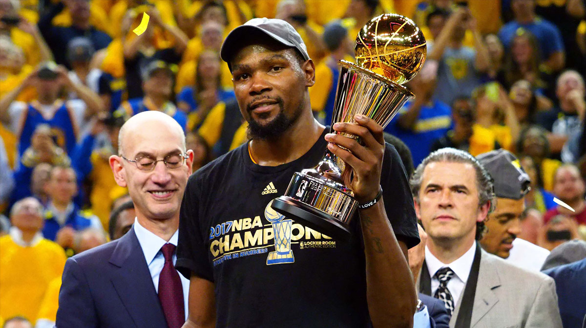 Golden State Warriors forward Kevin Durant (35) celebrates after winning the NBA Fianls MVP in game five of the 2017 NBA Finals at Oracle Arena.
