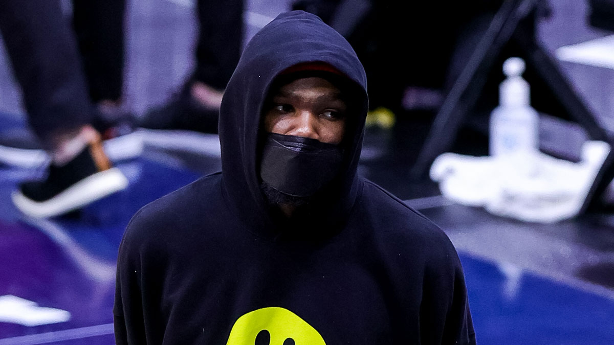 Brooklyn Nets forward Kevin Durant (7) in street clothes due to injury against New Orleans Pelicans during the second half at the Smoothie King Center. 