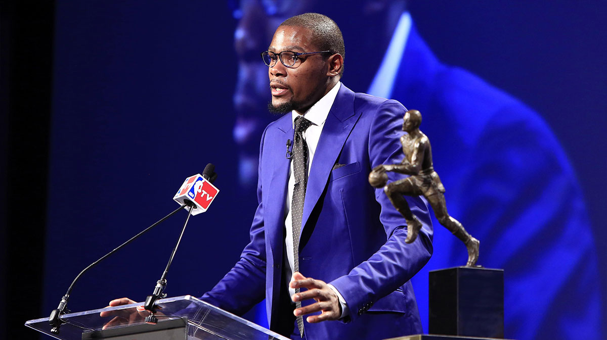 Thunder forward Kevin Durant speaks after receiving the 2013-2014 MVP trophy at Thunder Events Center.