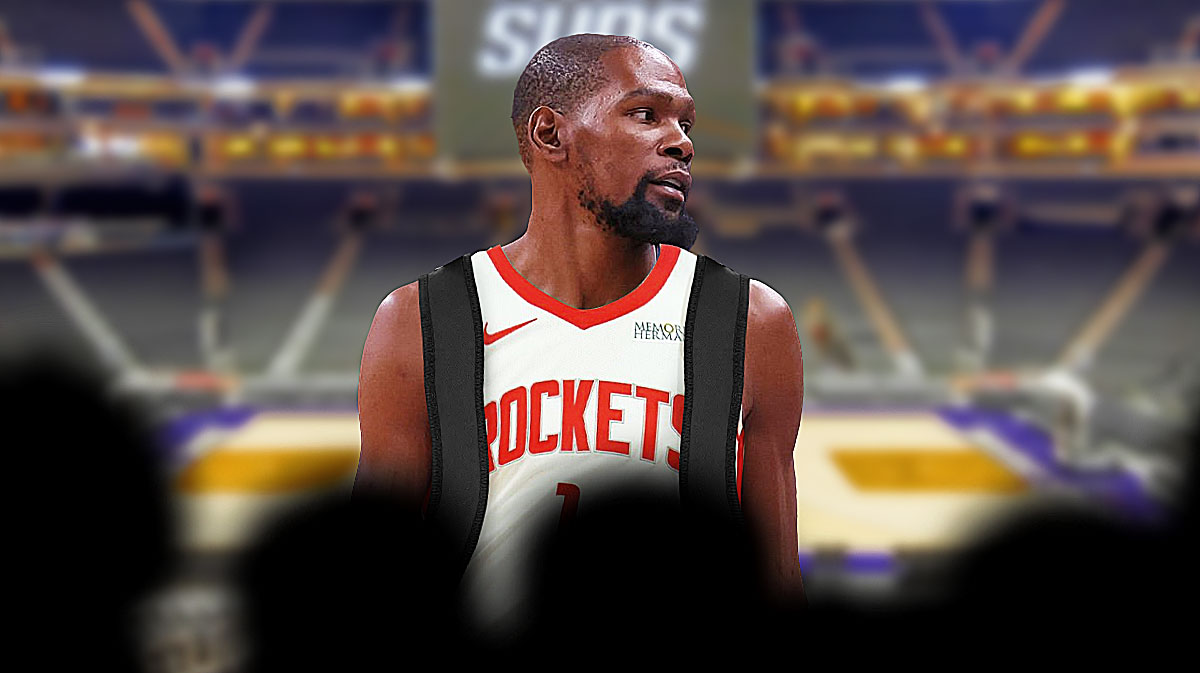 Kevin Durant with a Rockets jersey and a backpack on, looking back at the Suns' home arena, and silhouettes of fans below him.