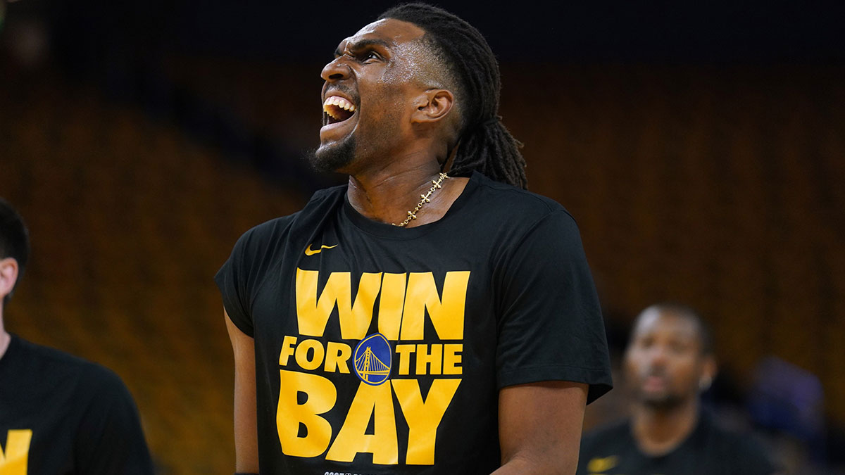 Golden State Warriors forward Kevon Looney (5) stands on the court during warmups against the Minnesota Timberwolves during game four of the second round for the 2025 NBA Playoffs at Chase Center.