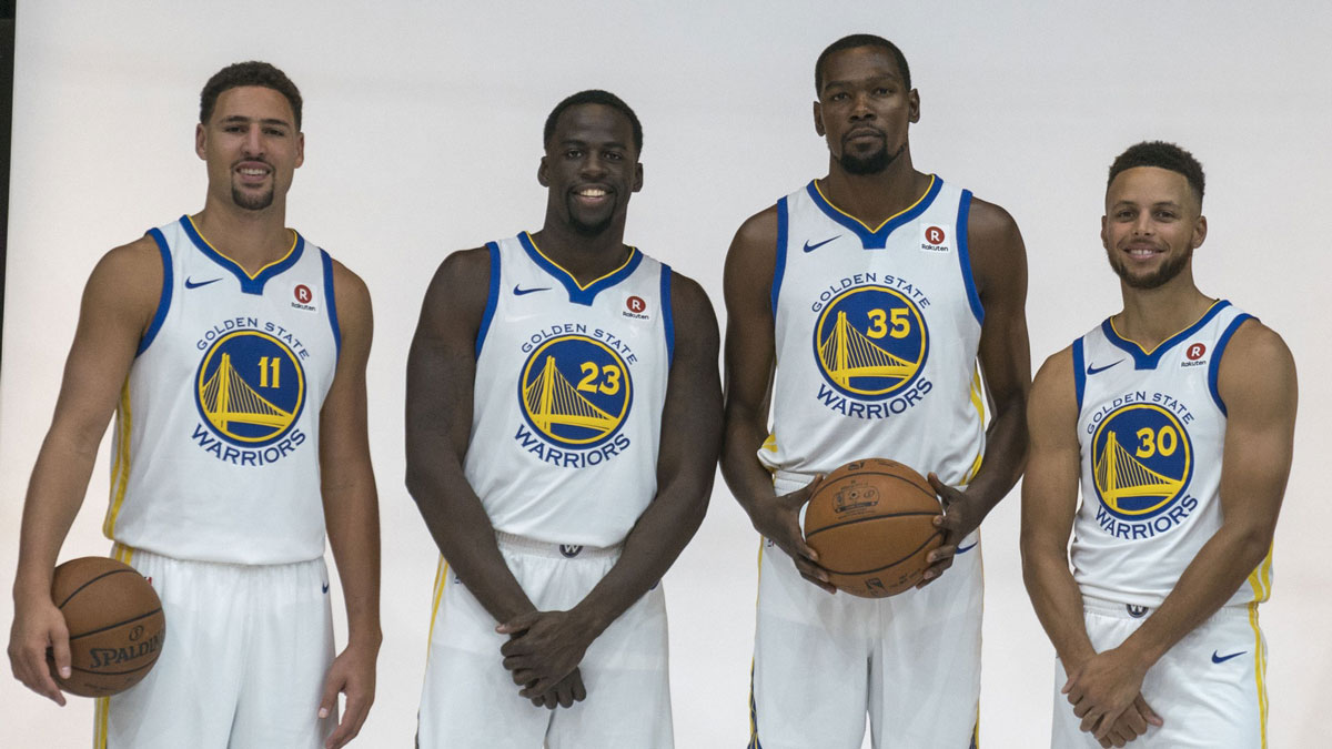 Golden State Warriors guard Klay Thompson (11), forward Draymond Green (23), forward Kevin Durant (35), and guard Stephen Curry (30) during media day at Rakuten Performance Center.