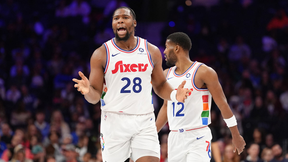 76ers forward Guerschon Yabusele (28) reacts against the Minnesota Timberwolves in the third quarter at Wells Fargo Center