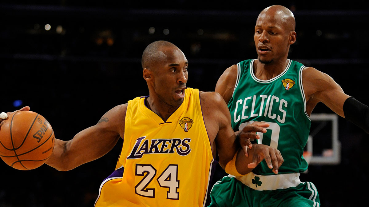 Los Angeles Lakers guard Kobe Bryant (24) drives past Boston Celtics defender Ray Allen (20) in game seven of the NBA Finals at the Staples Center in Los Angeles, CA.