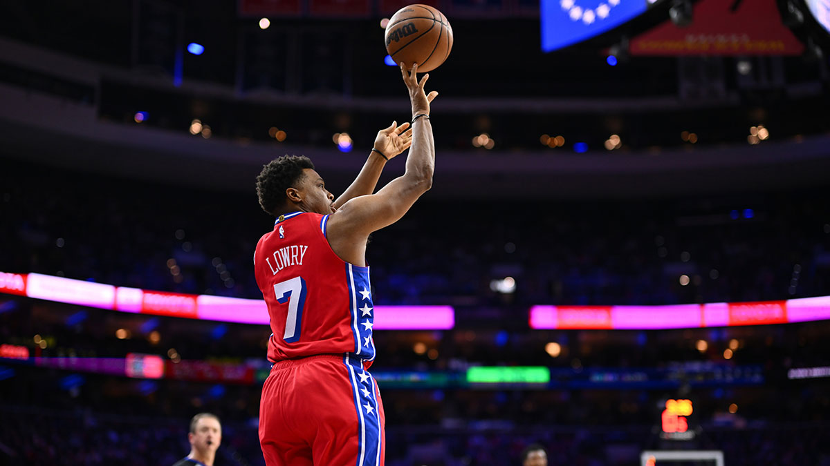 Philadelphia 76ers guard Kyle Lowry (7) shoots the ball against the Denver Nuggets in the third quarter at Wells Fargo Center.