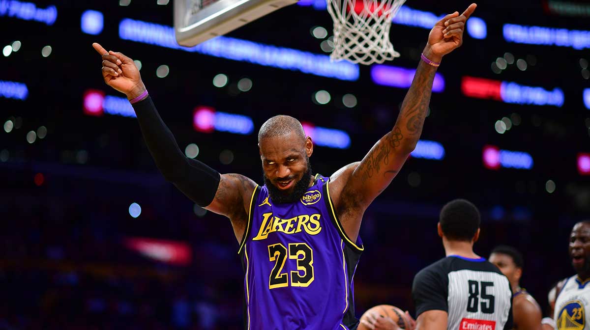 Los Angeles Lakers forward LeBron James (23) reacts during the second half at Crypto.com Arena.