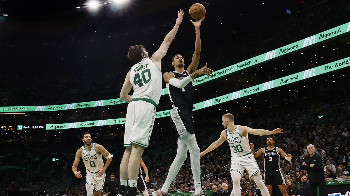 San Antonio Spurs center Victor Wembanyama (1) shoots against Boston Celtics center Luke Kornet (40) during the second half at TD Garden.