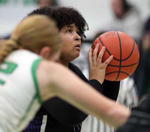 Keystone's Jayda Gaines eyes a free throw during the first quarter against Columbia on Feb 1 . (Randy Meyers - For The Morning Journal)