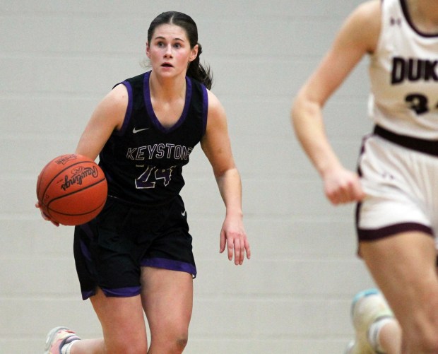 Keystone's Vivian Cassell brings the ball up court against Wellington on Jan. 8. (Randy Meyers - For The Morning Journal)