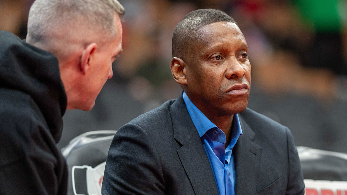 Toronto Raptors president Masai Ujiri looks on court side before a NBA game against the Miami Heat at Scotiabank Arena.