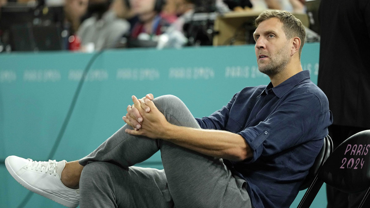 Dirk Nowitzki looks on during the men's basketball bronze medal game between Serbia and Germany during the Paris 2024 Olympic Summer Games at Accor Arena