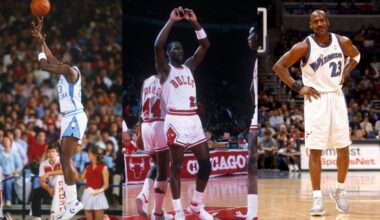 Left: University of North Carolina's Michael Jordan #23 makes a jump shot wearing white and blue high-top Converse sneakers. Middle: Chicago Bulls' guard Michael Jordan #23 wearing red and white Nike Air Ship sneakers on the court at Chicago Stadium during the 1984-5 season in Chicago, Illinois. Right:  Wearing Air Jordan 11 "Cool Grey" sneakers, Michael Jordan #23 of the Washington Wizards plays against the Minnesota Timberwolves on January 25, 2003 at the MCI Center in Washington, D.C.