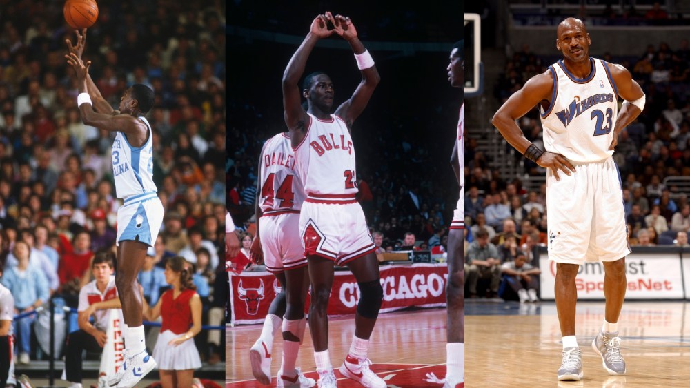 Left: University of North Carolina's Michael Jordan #23 makes a jump shot wearing white and blue high-top Converse sneakers. Middle: Chicago Bulls' guard Michael Jordan #23 wearing red and white Nike Air Ship sneakers on the court at Chicago Stadium during the 1984-5 season in Chicago, Illinois. Right:  Wearing Air Jordan 11 "Cool Grey" sneakers, Michael Jordan #23 of the Washington Wizards plays against the Minnesota Timberwolves on January 25, 2003 at the MCI Center in Washington, D.C.