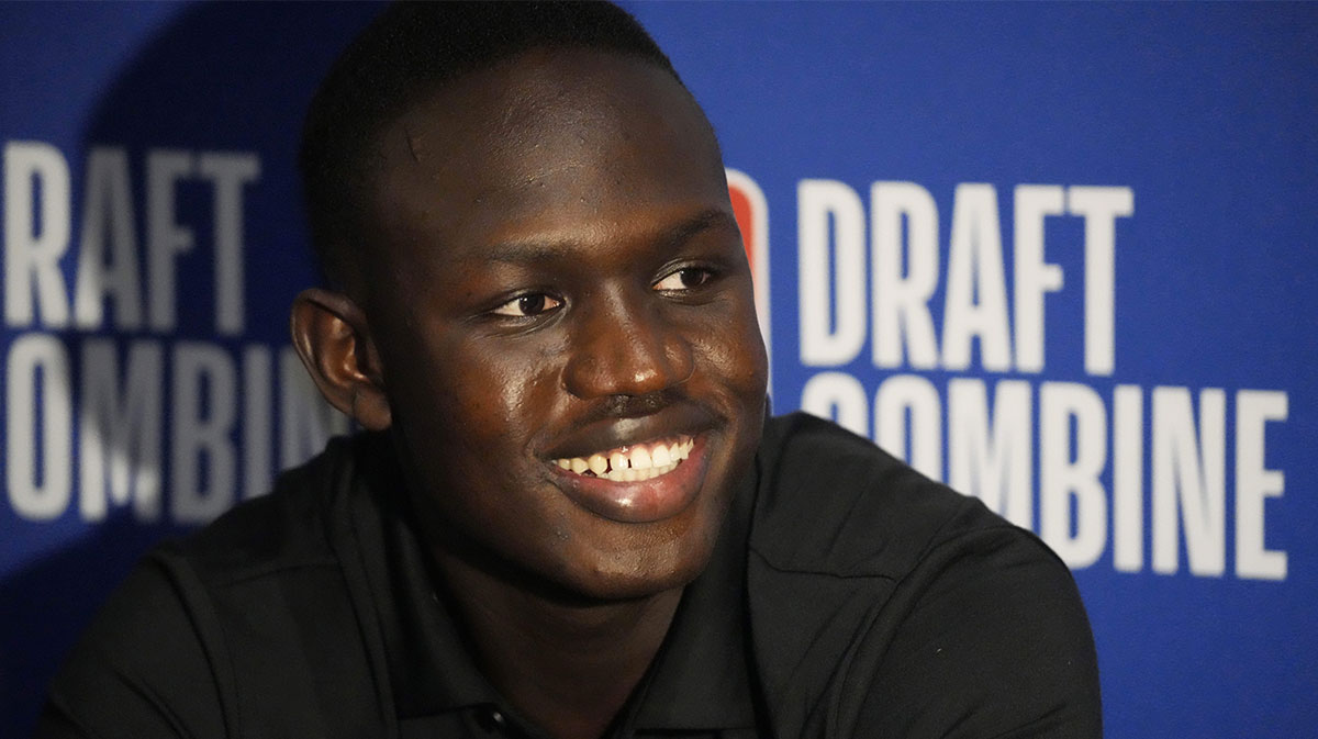 Khaman Maluach talks to the media during the 2025 NBA Draft Combine at Marriott Marquis Chicago.