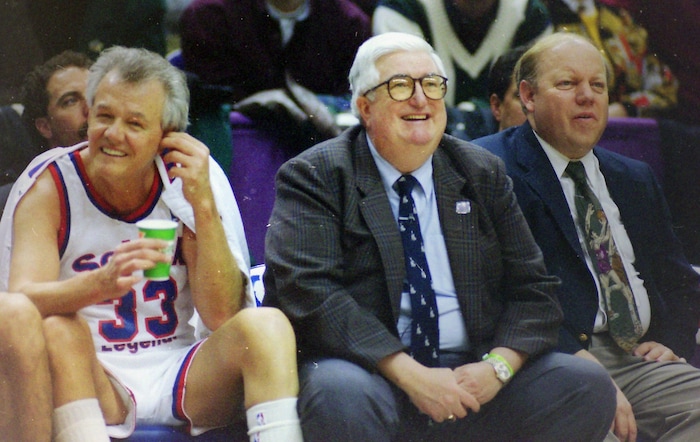 (Steve Griffin  | Tribune File Photo)  Hot Rod Hundley, Frank Layden, and Larry Miller, during the Legends game during the 1993 All Star festivities, in the Delta Center in Salt Lake City, Saturday, Feb. 20, 1993.