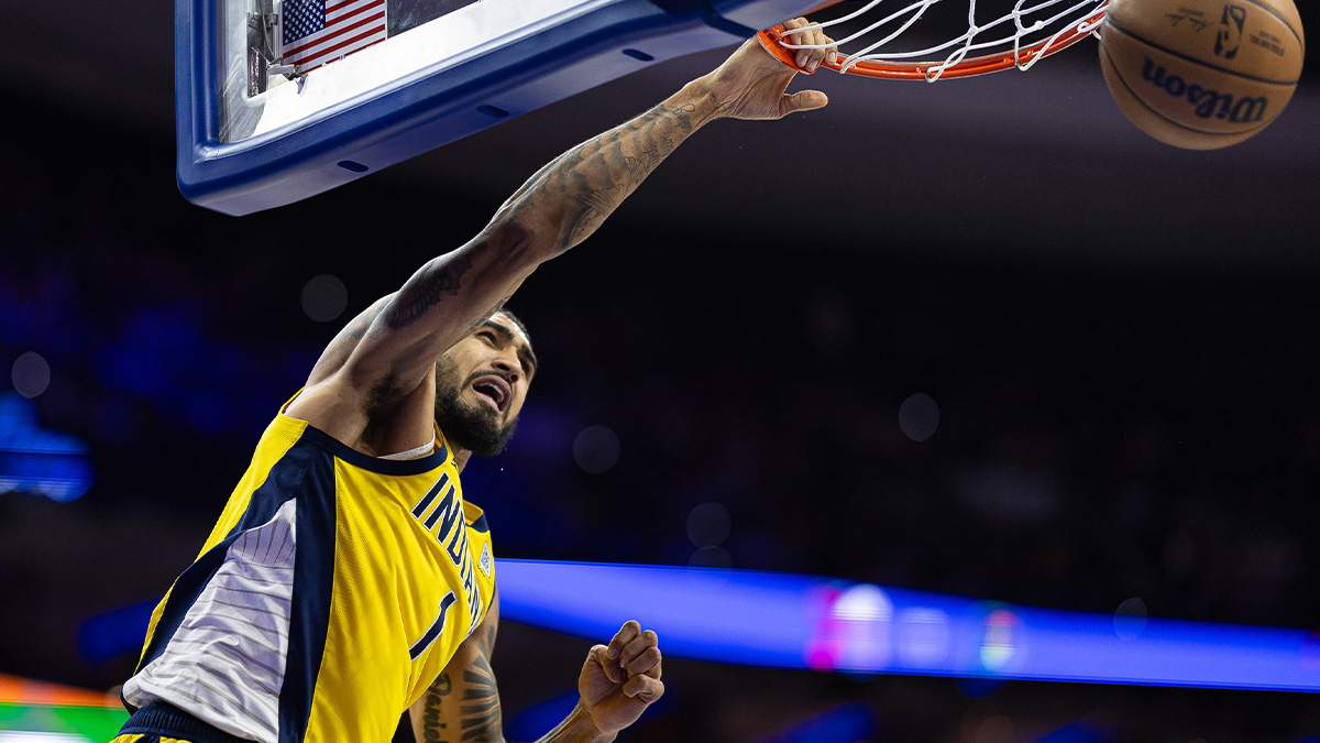Indiana Pacers forward Obi Toppin (1) dunks the ball against the Philadelphia 76ers during the second quarter at Wells Fargo Center.