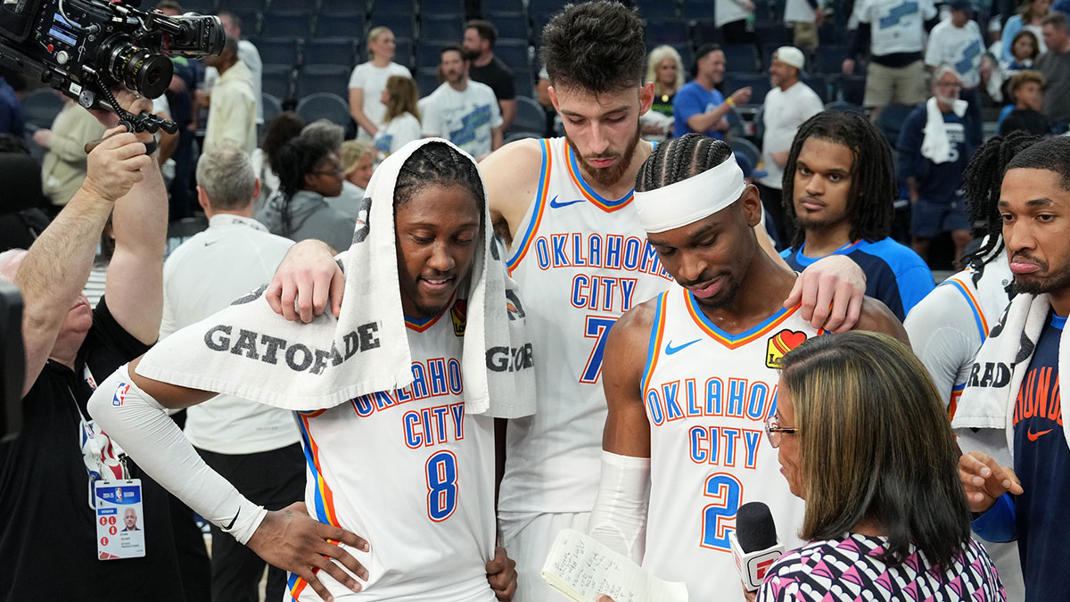 Oklahoma City Thunder forward Jalen Williams (8), forward Chet Holmgren (7) and guard Shai Gilgeous-Alexander (2) talk to the media after defeating the Minnesota Timberwolves in game four of the western conference finals for the 2025 NBA Playoffs at Target Center.