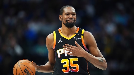 Former Phoenix Suns forward Kevin Durant gestures during the second half of an NBA basketball game on March 9(AP)