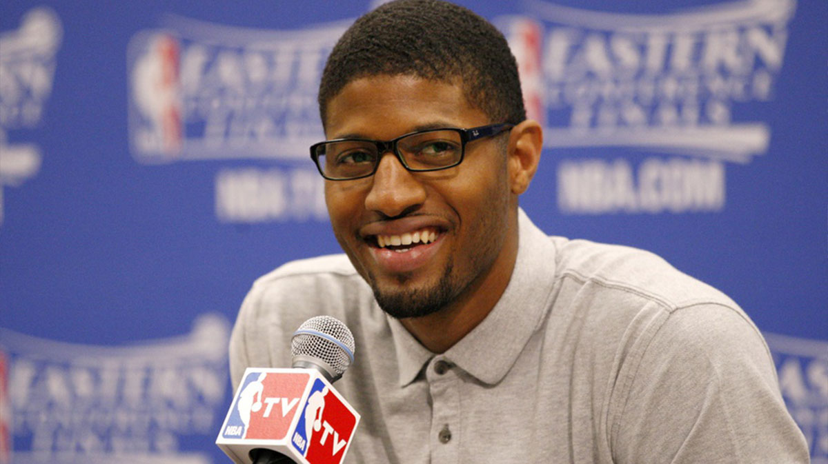Indiana Pacers forward Paul George answers questions during a press conference following game five against the Miami Heat of the Eastern Conference Finals of the 2014 NBA Playoffs at Bankers Life Fieldhouse. Indiana defeats Miami 93-90.