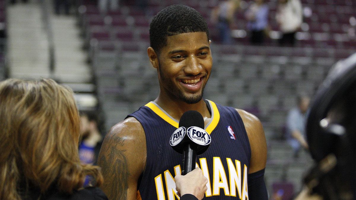 Indiana Pacers small forward Paul George (24) does a post game interview after the game against the Detroit Pistons at The Palace of Auburn Hills. The Pacers beat the Pistons 99-91.