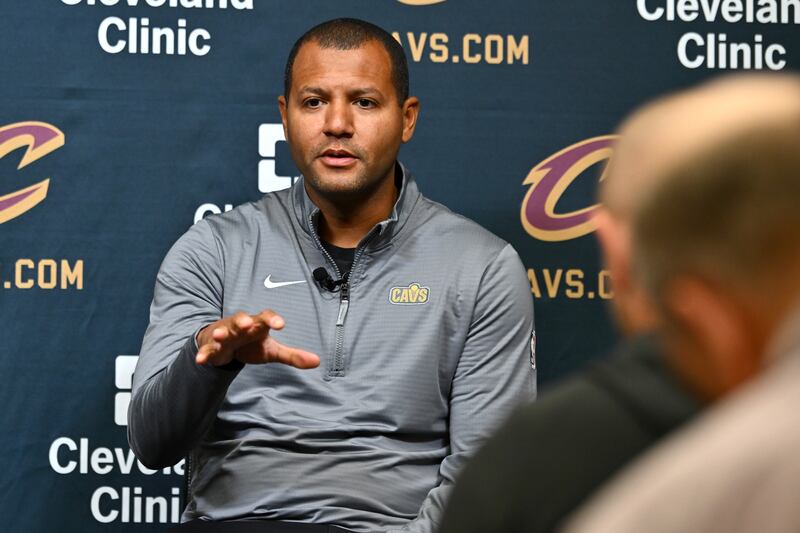 INDEPENDENCE, OHIO - JULY 01: President of basketball operations Koby Altman of the Cleveland Cavaliers answers questions from the media during a press conference introducing new head coach Kenny Atkinson at Cleveland Clinic Courts on July 01, 2024, in Independence, Ohio. NOTE TO USER: User expressly acknowledges and agrees that, by downloading and or using this photograph, User is consenting to the terms and conditions of the Getty Images License Agreement. (Photo by Jason Miller/Getty Images)
