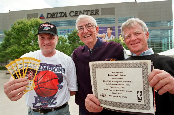 (The Salt Lake Tribune) Guy Thomas, an original ticket holder, left, Frank Layden, and Gordan Yates reminisce of past Jazz seasons at the Delta Center in 1998.