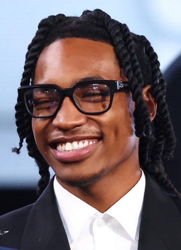 Rob Dillingham celebrates after being drafted eighth overall by the San Antonio Spurs during the first round of the 2024 NBA Draft at Barclays Center on June 26, 2024 in the Brooklyn borough of New York City. NOTE TO USER: User expressly acknowledges and agrees that, by downloading and or using this photograph, User is consenting to the terms and conditions of the Getty Images License Agreement. (Photo by Sarah Stier/Getty Images)