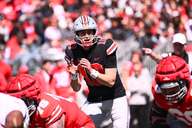 Quarterback Julian Sayin calls for a snap during the first quarter of the Ohio State Spring Game at Ohio Stadium on April 12, 2025 in Columbus, Ohio. (Photo by Ben Jackson/Getty Images)