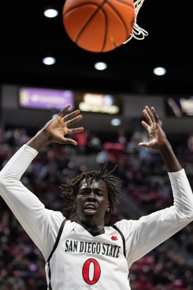 Aztecs', Magoon Gwath (0) during Saturday's basketball game played against Boise State at Viejas Arena in San Diego, CA. (Xavier Hernandez for the UT)