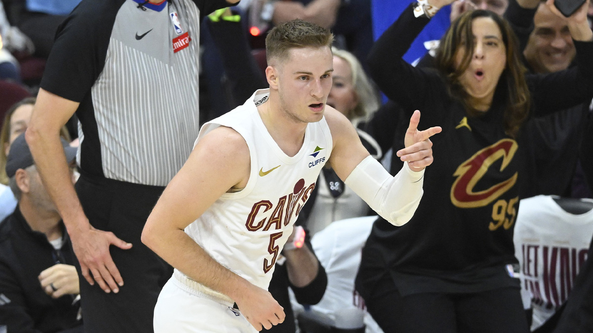 Cleveland Cavaliers guard Sam Merrill (5) celebrates his three-point basket in the fourth quarter against the Miami Heat at Rocket Arena.