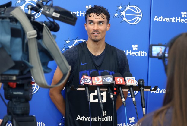 Orlando Magic player Tristan da Silva speaks during a press...