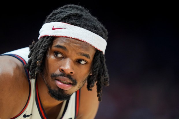 Dayton forward DaRon Holmes II stands on the court during an NCAA college basketball game against Davidson, Tuesday, Feb. 27, 2024, in Dayton, Ohio. (AP Photo/Aaron Doster)