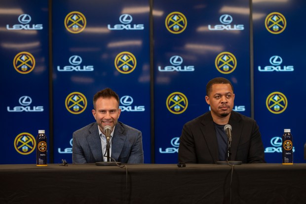 Denver Nuggets new front office GM duo, Ben Tenzer, left, who was named executive vice president of basketball operations, and Jon Wallace, right, who took over as executive vice president of player personnel, answer questions during a press conference following the second round of the NBA draft Thursday, June 26, 2025 at Ball Arena. (Photo by Daniel Brenner/Special to The Denver Post)