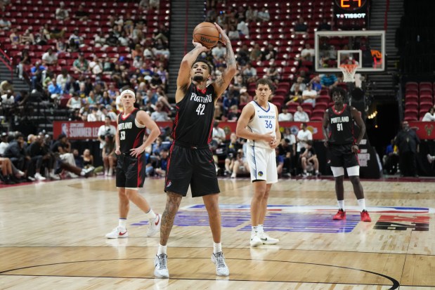 James Bouknight #42 of the Portland Trail Blazers shoots a foul shot against the Golden State Warriors in the first half of a 2025 NBA Summer League game at the Thomas & Mack Center on July 11, 2025 in Las Vegas, Nevada. The Trail Blazers defeated the Warriors 106-73. NOTE TO USER: User expressly acknowledges and agrees that, by downloading and or using this photograph, User is consenting to the terms and conditions of the Getty Images License Agreement. (Photo by Candice Ward/Getty Images)