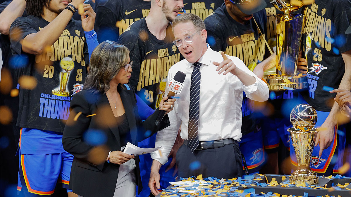 Thunder general manager Sam Presti speaks during the championship ceremony after his team defeated the Indiana Pacers in game seven of the 2025 NBA Finals at Paycom Center