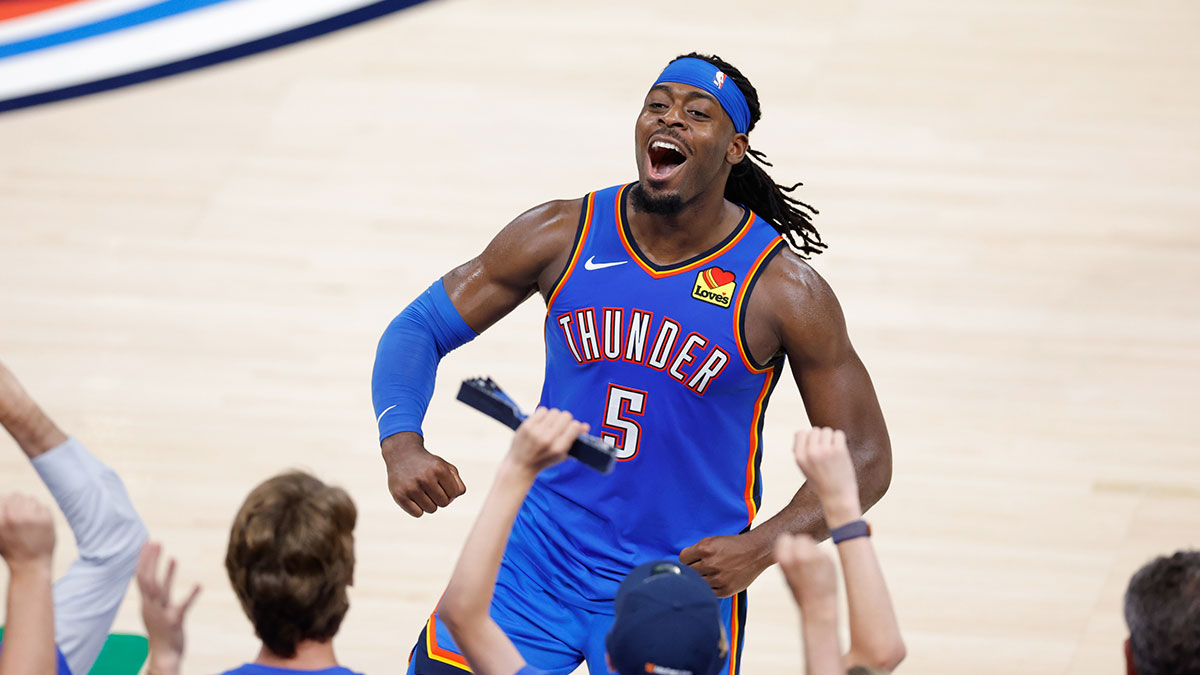 Thunder guard Luguentz Dort (5) celebrates after a play against the Indiana Pacers during the second half during game seven of the 2025 NBA Finals at Paycom Center