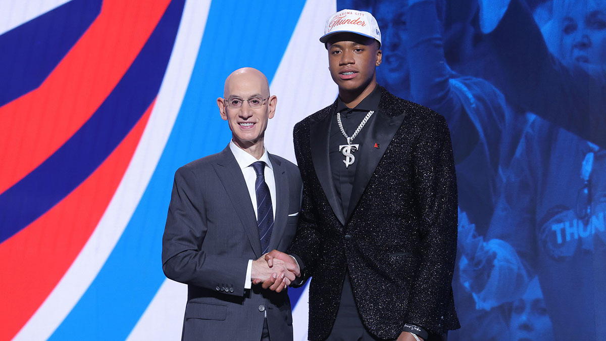 Thomas Sorber stands with NBA commissioner Adam Silver after being selected as the 15th pick by the Oklahoma City Thunder in the first round of the 2025 NBA Draft at Barclays Center