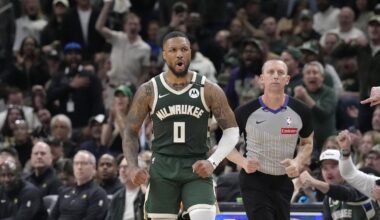 Milwaukee Bucks guard Damian Lillard (0) reacts after making a basket against the Indiana Pacers in the second half during game three of first round for the 2024 NBA Playoffs at Fiserv Forum.