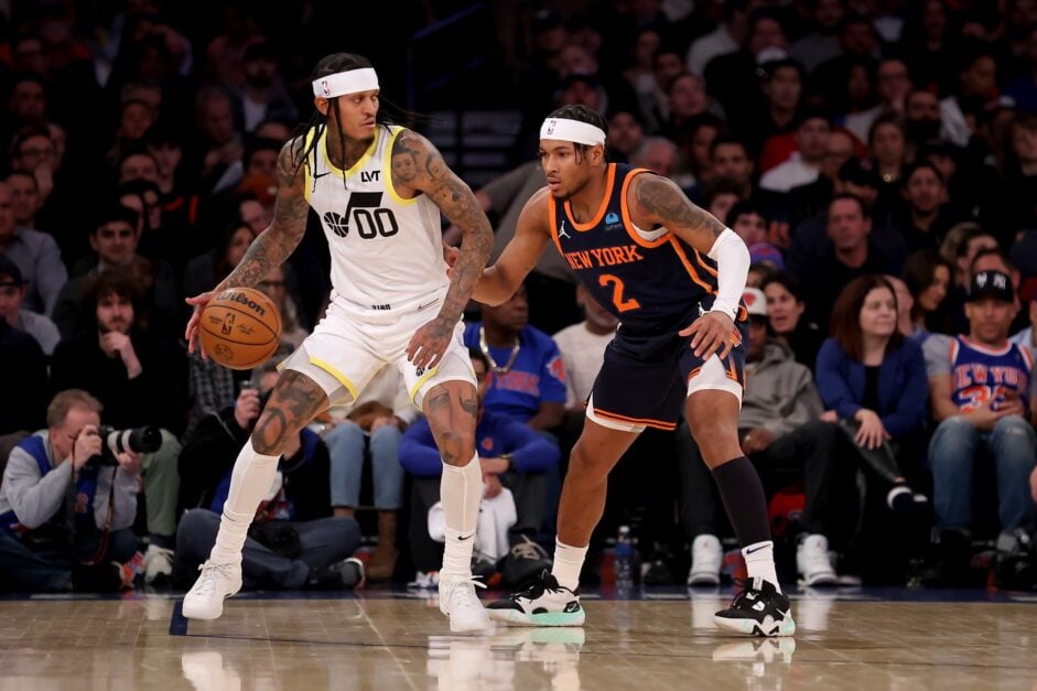 Utah Jazz guard Jordan Clarkson (00) controls the ball against New York Knicks guard Miles McBride (2) during the first quarter at Madison Square Garden.