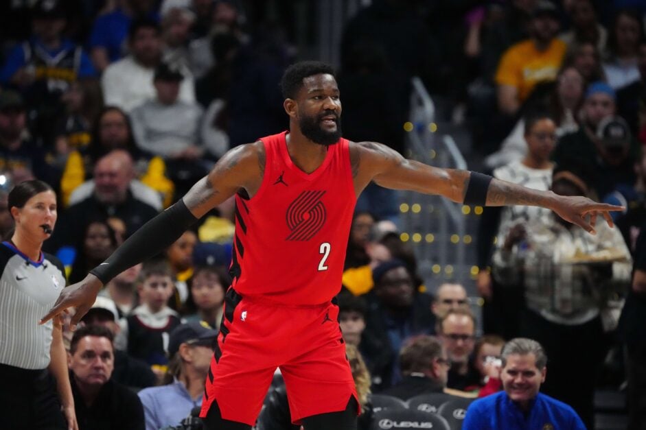 Portland Trail Blazers center Deandre Ayton (2) calls out in the second half against the Denver Nuggets.