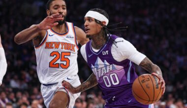 Jan 1, 2025; New York, New York, USA; Utah Jazz guard Jordan Clarkson (00) dribbles as New York Knicks forward Mikal Bridges (25) defends during the first half at Madison Square Garden. Mandatory Credit: Vincent Carchietta-Imagn Images